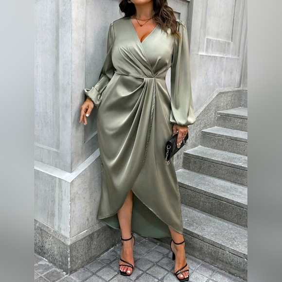 New Draped Wrap Front Lantern Long Sleeve Dress Satin PLUS Light Green - Picture 1 of 7